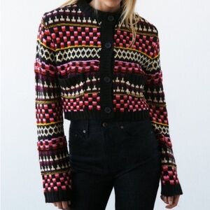 Zara Jacquard Multicolored Cropped Pocket Cardigan Jacket Size L